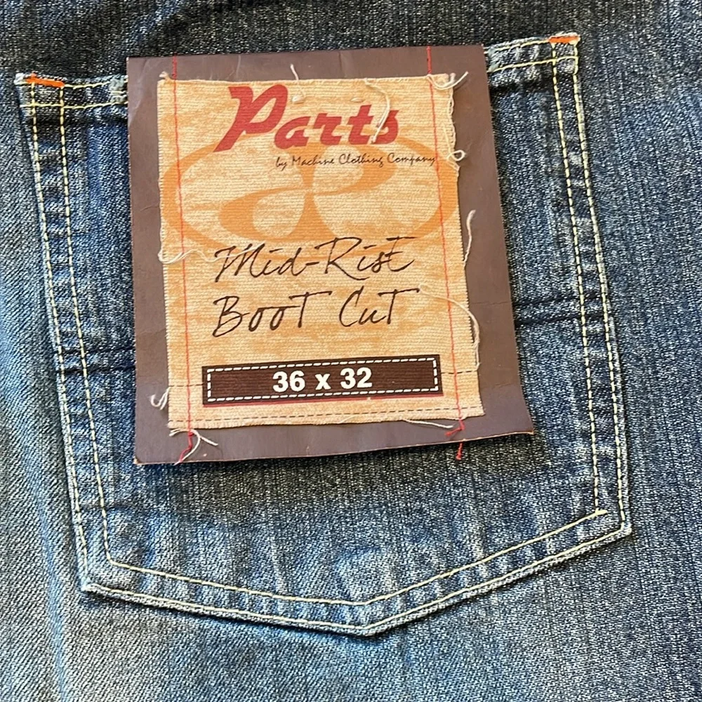 Men's Blue Jeans by Parts mid-rise, boot cut, 36x32, dark wash, NWT, belted,